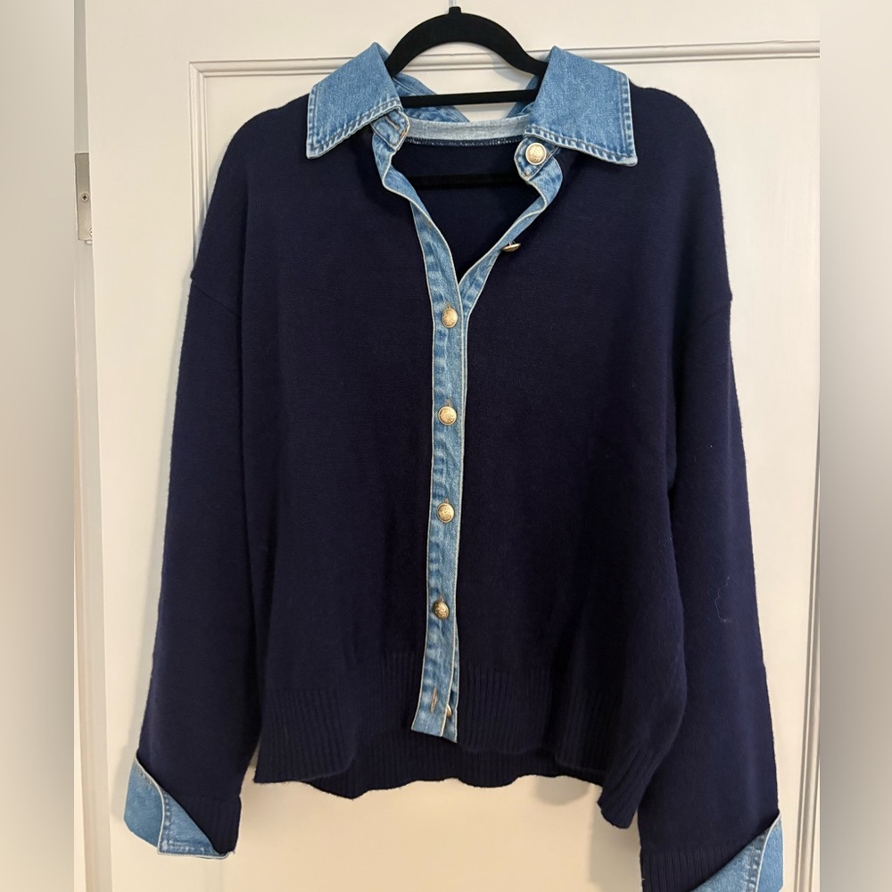 Navy Sweater with Denim Trim